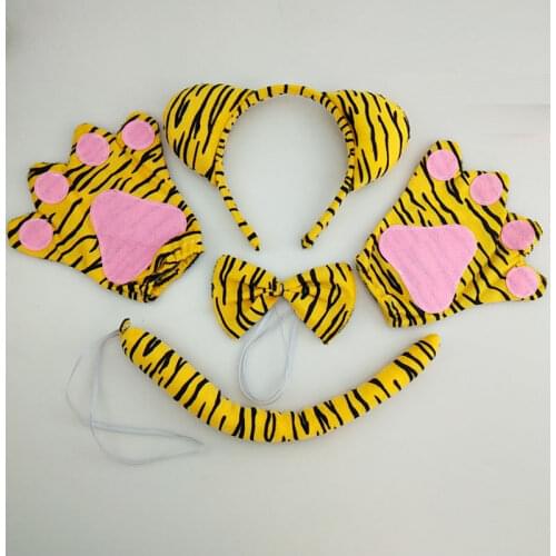 Kids Adult Cartoon Animal Tiger Headband Bow Tie Tail Paws Gloves Cosplay Costume Set Party Dress Decor Halloween Christmas