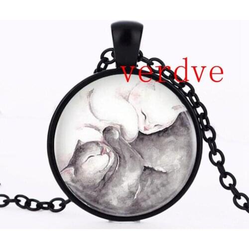 1pcslot Vintage Yin Yang Lovers Kitty Cats Necklace Pendant Kolye Cabochon Black Long Chain Statement Necklace For Woman