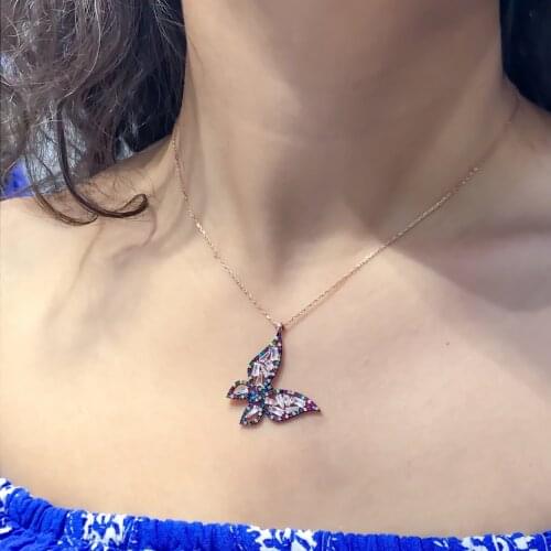 Mixed Color Baget Zircon Stone Butterfly Silver Necklace