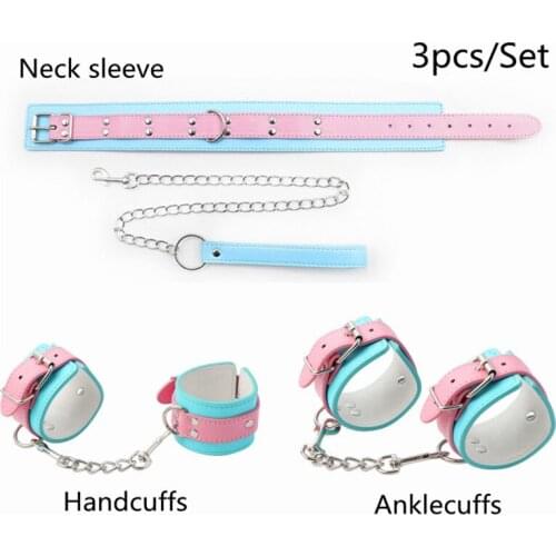 Adjustable Leather Handcuffs with Neck Sleeve Set to Slave Fetish Bdsm Bondage Anklecuffs Adult Flirt Games Sex Toy for Couple