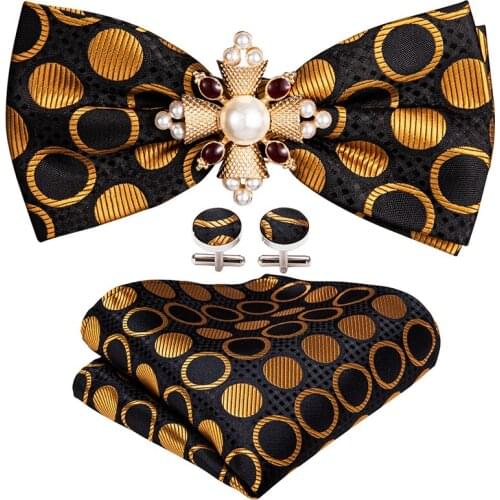 Silk Gold Polka Dot Bow Tie For Men Wedding Accessorie Adjustable Butterfly Handky Tie Clip Set Barry.Wang Men Gift