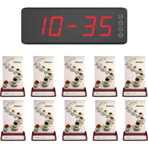 SINGCALL Waiter Calling System,1 Screen Display Receiver SC-R50 and 10 Wireless Call Buttons,3 Options Button Pagers Red Color
