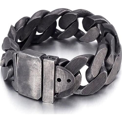25mm Wide Heavy Mens Cuban Link Chain Bracelet Stainless Steel Black Metal Bracelet 9.84 inch Retro mens Jewelry