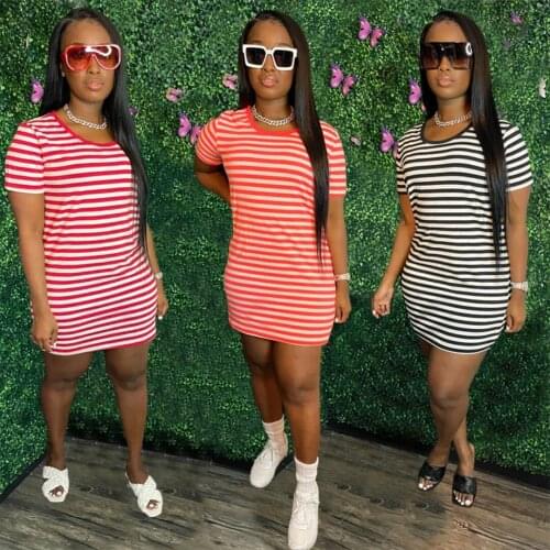 W5869 Wholesale Items Crew Neck Striped Dresses Women Casual Short Sleeve Dress Summer Dress for Women