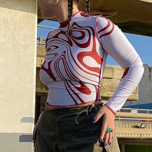 Gothic Print Autumn T Shirts Women Streetwear Long Sleeve Round Neck Bodycon Crop Tops Vintage Casual Basic White Tee
