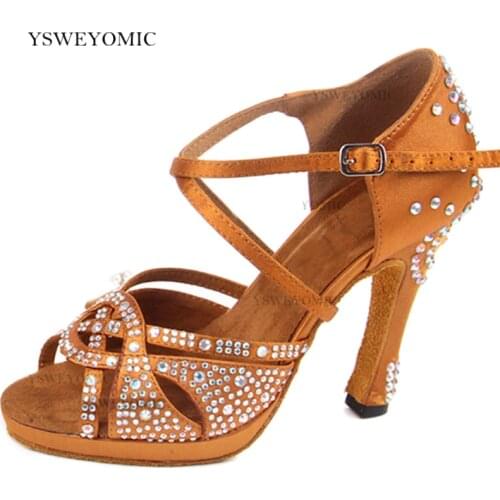 Women Dance Shoes Brown Color Satin High Heel 10cm With Platform Suede Outsole Rhinestones Ballroom Latin Salsa Dance Shoes