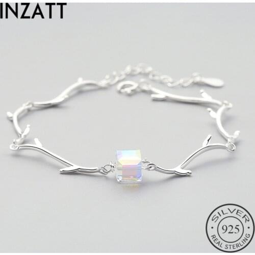 INZATT Fine Jewelry Bohemia Crystal Square Bracelet Glossy Twig Style metal Chain Charm Women Wedding 925 Sterling Silver Gift