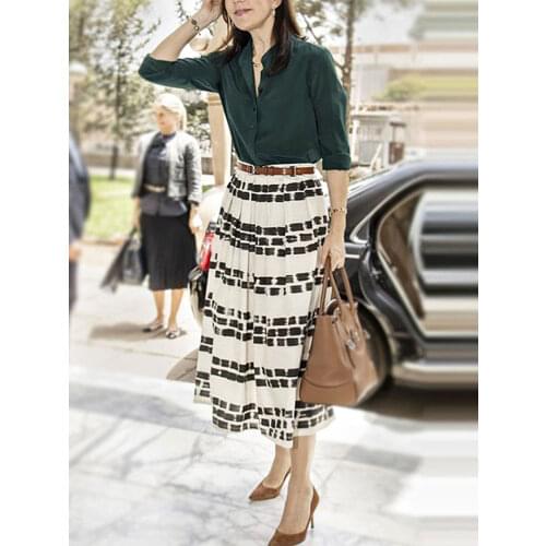 Mary High Quality New Suit Fashion Spring Autumn Party Office Elegant Shirt Tops + Vintage Print Pleated Half Skirt Womens Sets