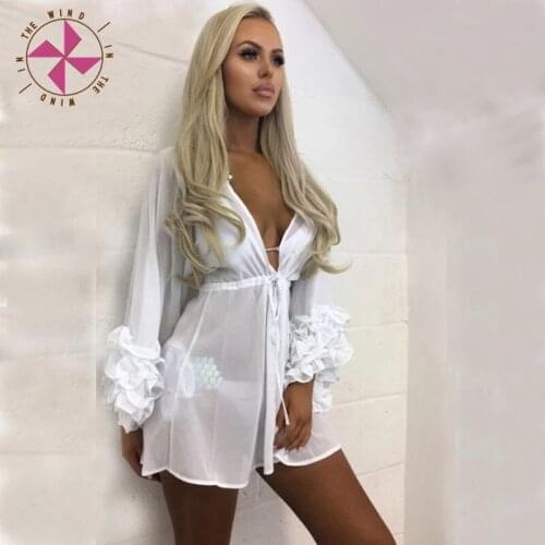 In The Wind Women Sexy Long Puff Sleeve Covers up Bathing Suit Summer Beach Wear Pareo Swimwear tunic Robe Beach Cover-up