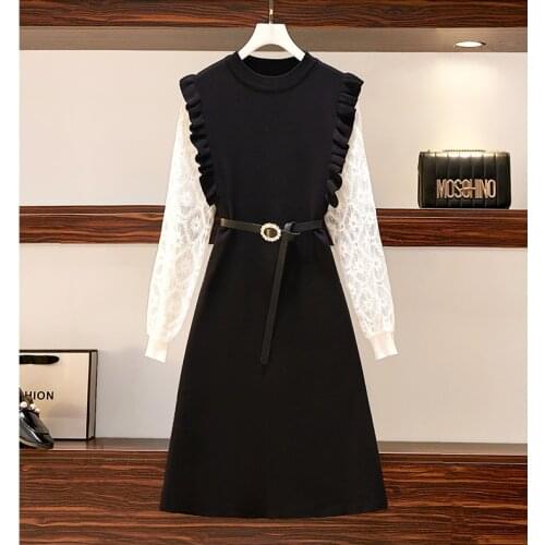 Plus Size Women Autumn Winter Lace Sleeve Patchwork Knitted Dresses Women Elegant Vintage Korean Knitting Dress Women Vestidos