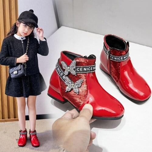 2020 New Kids Boots Shoes Fashion Mirror Bright PU Waterproof kid Martin Boots For girls cute diamond butterfly boots for girls