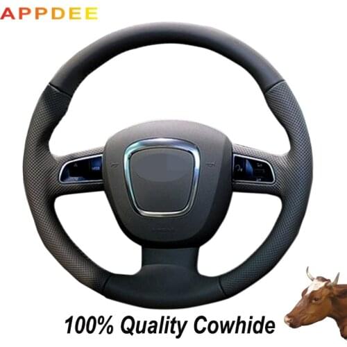 APPDEE Black Genuine Leather Steering Wheel Cover for Audi A3 (8P) 2008-2013 A4 (B8) 2008-2010 A5 2008-2010 A6 (C6) 2007-2011