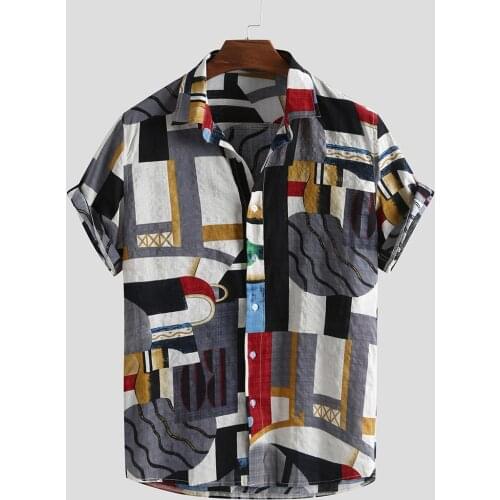 Color Men Shirt Fashion Streetwear Mens Retro Shirts Cotton Polyester Patchwork Printed Shirts Camisas Hombre Blouse Streetwear