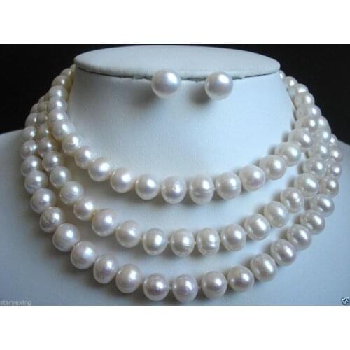 Beautiful 9-10MM White Freshwater Cultured Pearl Necklace earrings set 50"(akk681)