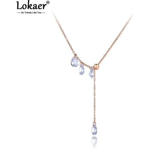 Lokaer Trendy Office Style Stainless Steel Water Drop CZ Crystal Choker Necklace Rose Gold Pendant Necklace For Women N20109