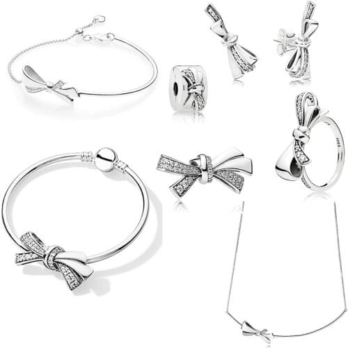 New PD Gorgeous 925 Sterling Silver 1:1 Bow Bracelet Earrings Pendant Beads Factory Direct Diy Ladies Jewelry Gift