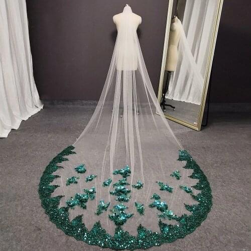 Luxury Bling Sequins Green Lace Soft White/Ivory Tulle Wedding Veil with Comb 1 Layer 3 Meters Long Colorful Bridal Veil