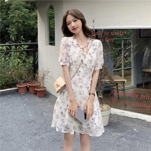 Chiffon Dress Print V-neck Summer Womens Clothing Sweet Style Puff Sleeve A-line Short Drersses Korean Clothes 2021 New