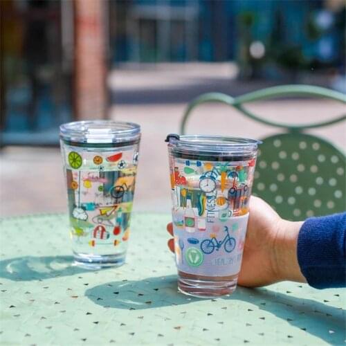 450ml Glass Scale Cup Cute Graffiti Travel Glass Mug Heat-Resistant Coffee Milk Juice Cup With Lid&Spoon Breakfast Mug Gifts