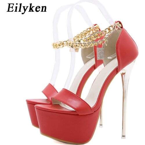 Eilyken Sexy Big Yard Fish Mouth Super High Heels Women Platform Sandals Fashion Ankle Chain Crystal Lock Design Stripper Shoes