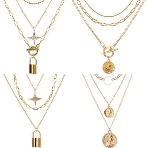 VKME Trendy Coin avatar Pearl Pendant Necklace For Women Fashion Lock Big Chain Choker Necklaces Jewelry Christmas Gift