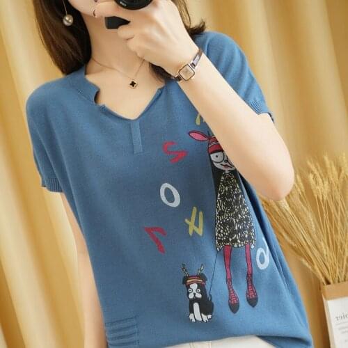 T-shirt female 2021 summer new cotton knitwear casual cartoon sweater short-sleeved v neck pullover blouse top plus size tees