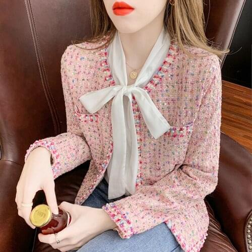 High Quality Runway Tweed Jacket 2021 Autumn Women Elegant Pink sequins Weave Woolen Coat Office Lady Overcoat