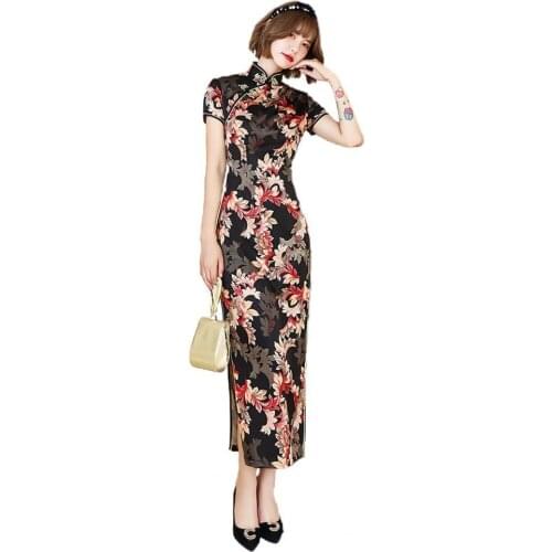 Women Dresses Cheongsam Floral Print Slim Short Sleeve Splits Midi Dress for Party Womens Clothing 2021