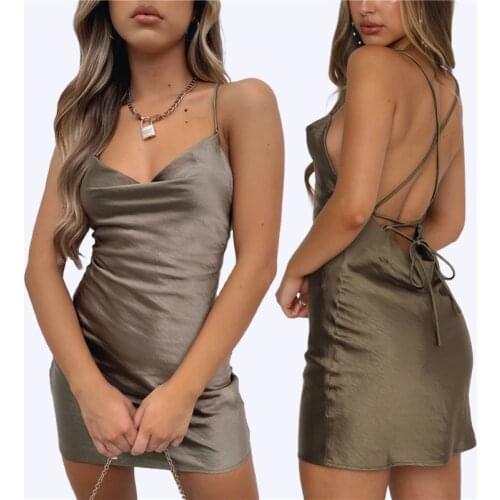 Women’s Back Cross Satin Dress Fashion Solid Color V-neck Lace-up Backless Slim Short Dress Party Clubwear Sexy Lady Sundress