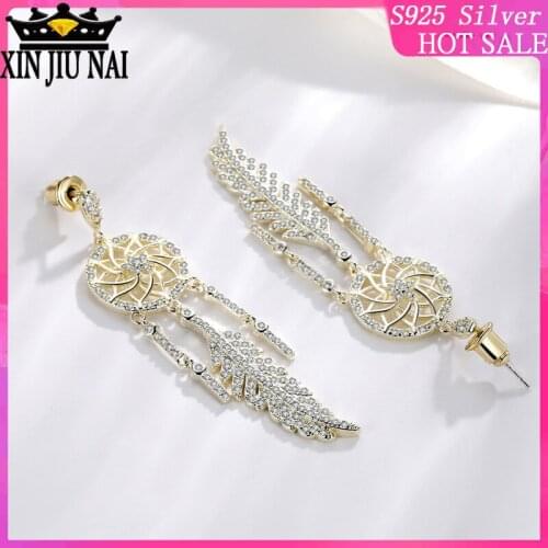 S925 Sterling Silver Noble Temperament Pendant Female Dreamcatcher Net Red Magazine Vintage feather long earrings Earrings