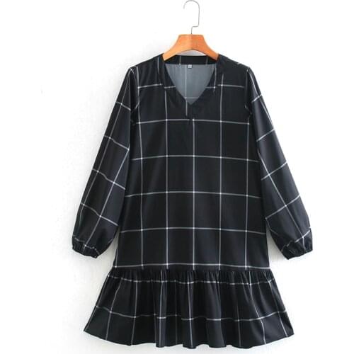 Ladies Black Dress V-neck Long Sleeve Playful Pleated Dress Girl Student Plaid Dress