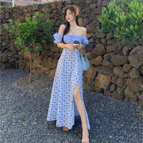 Bohemian Sexy V-neck Blue Floral Print Women Long Dress Summer 2021 Puff Sleeve Lace Maxi Sundress Elegant Vestidos Robe Femme