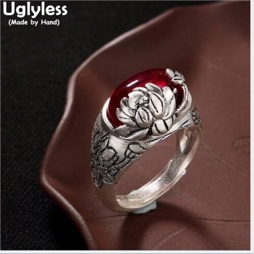 Uglyless Real 990 Silver Fine Jewelry Nature Chalcedony Rings Women Vintage Handmade Engraved Lotus Open Finger Ring Gems Bijoux