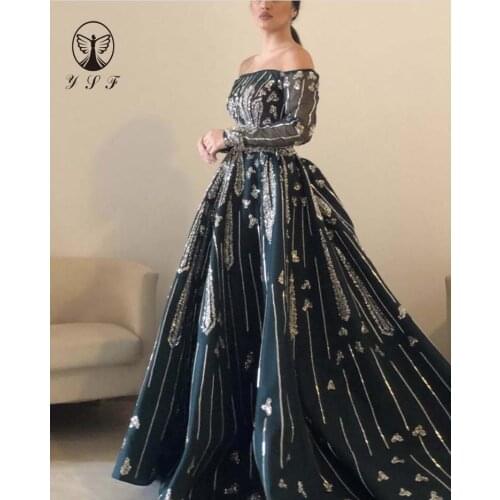 2020 New Arrival Dark Green Off the Shoulder Long Sleeve Bling Bling Evening Dresses