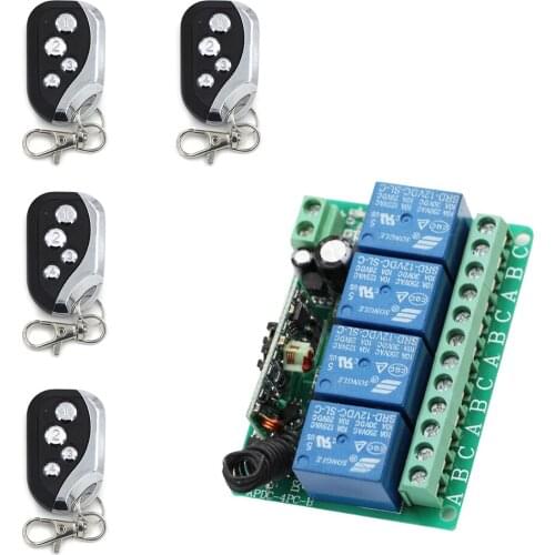 315Mhz 433MhzDC12V 4CH Relay 10A RF Wireless Remote Control Switch System Receiver & 4pcs Transmitter High Quality