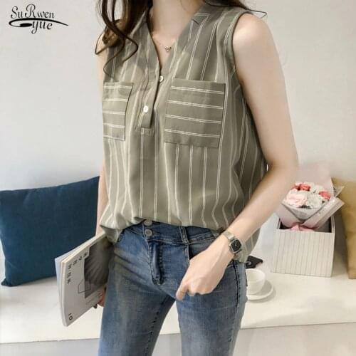 Blusas Plus Size Women Tops and Blouse V-neck Summer Chiffon Blouse Women 2021 Pattern Striped Fashion Sleeveless Shirt New 3705