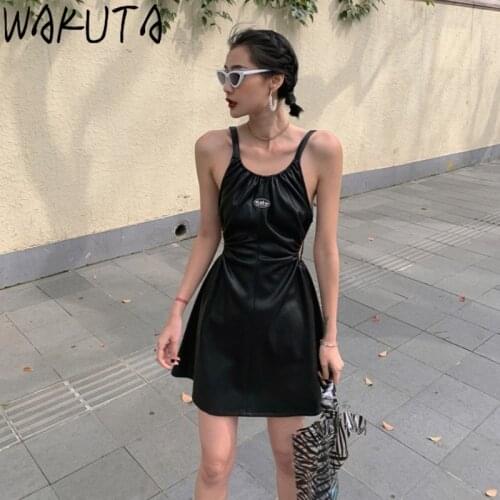 WAKUTA Black Pu Leather Mini Bodycon Dresse Women Spaghetti Strap Hollow Out Cool Girls Backless Summer Punk Dress Sexy Clothes