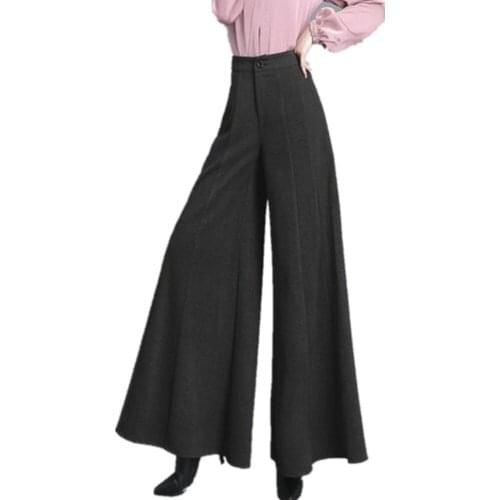 Long Black Woolen Wide Leg Pants Full Length Loose Trouser High Waist Office Ladies Skirt Pant Plus Size Autumn Winter Pants