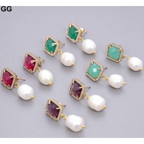 GuaiGuai Jewelry White Pearl Green Purple Blue Aqua Green Square Cat Eye Earrings