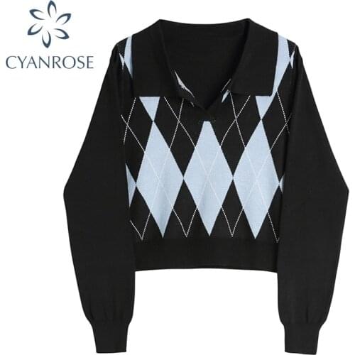 Korean Vintage Preppy Style Rhombic Plaid Sweater Top Women POLO Neck Knit Pullover 2021 New Autumn Long Sleeve Clothes Female