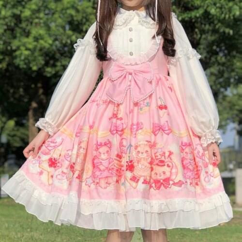 Japanese Kawaii Soft Girl Sweety Lolita Style Dress Cartoons Bear Printing Bow Maid Outfit Ruffles Party Cosplay Camisole Dress