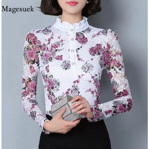 Fashion Slim Printed Shirt Long-sleeve Female Lace Tops New 2020 Women Brand Shirt Women Lace Blouse Plus Size 4XL Blusa 36i 25