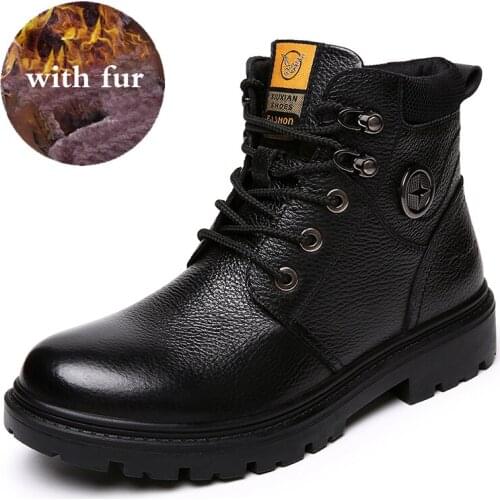 Mens Ankle Boots Winter Genuine Leather Snow Boots for Men Warm Fur&Plush Vogue Men Casual Boots Men Military Fur Boots Big