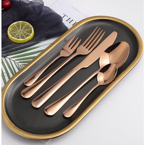 5Pcs Glossy Stainless Steel Rose Gold Cutlery Tableware Set Dinnerware Wedding Flatware Set Forks Knives Spoons Set Silverware