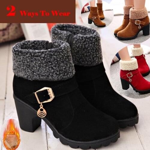 New 2021 Winter High Heel Boots Warm Plush Square Heels Winter Shoes Womens Boots Ladies Fashion Brand Ankle Snow Boots