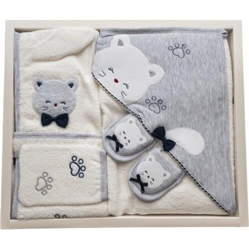 Newborn Essentials Baby Boy Cat Embroidery Clothe Bathroom Towel Set 100% Organic Cotton Soft Baby Gift Layette Hospital Outfit