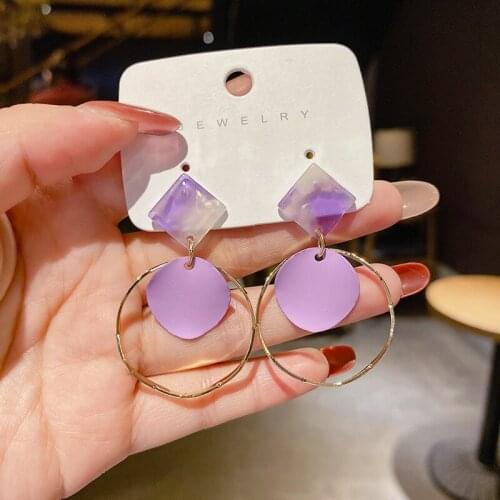 Korean New Trendy Dangle Earrings for Women Purple Yellow Square Acrylic Round Jewelry Female Delicate Fashion Drop Earrings