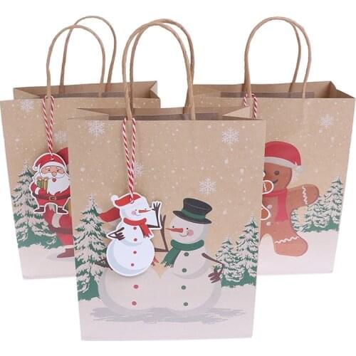 6Pcs New Khaki Christmas Gift Bags Santa Kraft Paper Bag with Handle Christmas Gift Package Party Candy Bags Xmas Decor Storage