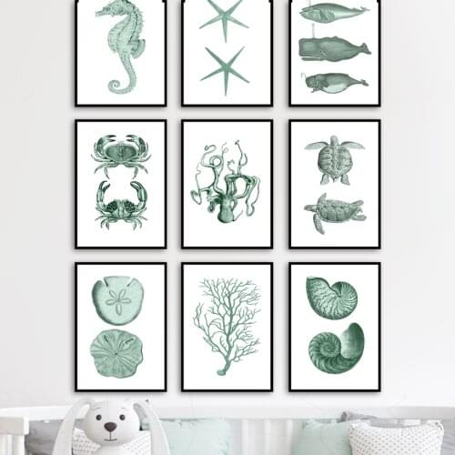 Beach Sea Marine Life Octopus Turtle Conch Nordic Poster Nautical Wall Art Print Canvas Painting Decor Pictures For Living Room