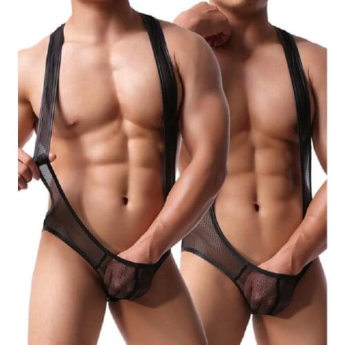 Sexy Men Jumpsuit Bodysuit Mens Mesh Suspender Singlet Open Buttocks Underwear Erotic Bodywear Male Lingerie Strecth Bodywear